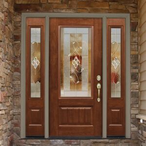 A beautiful wood entry door with decorative glass accents.